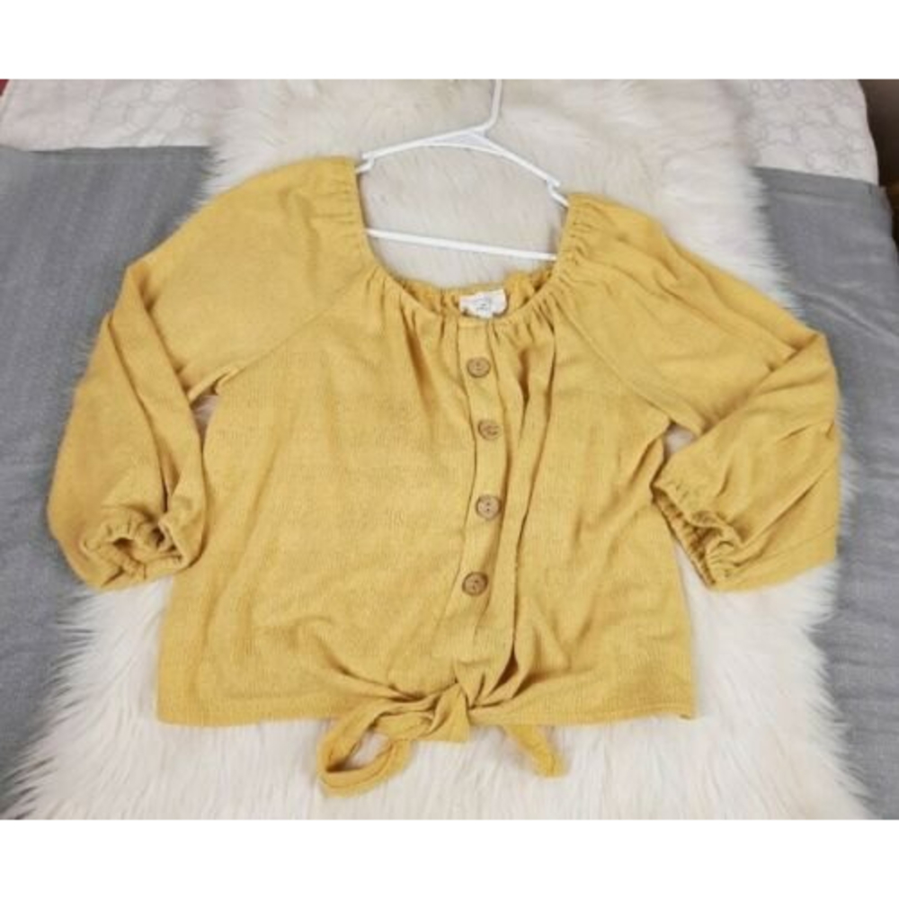 Stitch and Knot Womens 3/4 Sleeve Tie Front Top Size Large Yellow button front